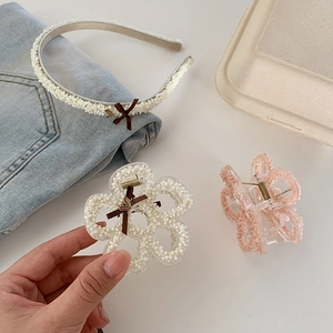 Floral pearl hair claw and velvet bow headband set for elegant vintage styling