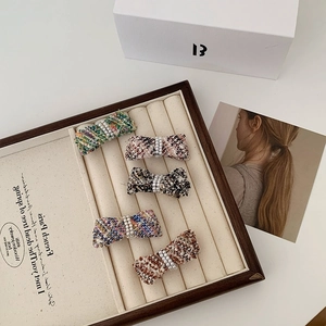 French style tweed bow hair clip with pearls available in five elegant colors