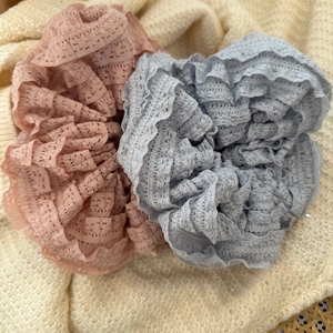 Set of large lace scrunchies in pink and blue grey with elegant pleated mesh texture