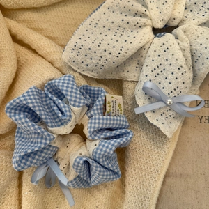 Chouchou Coréen Doux en Dentelle à Carreaux Avec Nœud en Ruban Bleu Fausse Künstliche Perle Bleu Blanc à Carreaux Grand Anneau de Cheveux Femme Mode