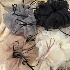 Chouchou Géant en Maille pour Femmes Avec Nœud Ruban Plissé Organza Attache Cheveux Élégant Style Ballet Accessoires Cheveux