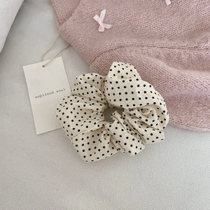 Chouchous en Tissu à Pois Pour Femmes Doux Crème Pois Noirs Élastiques à Cheveux Froncés Bandeaux Style Coréen