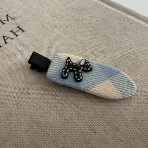 Cute blue checkered hair clip with black cartoon dog charm for women and kids hair accessory