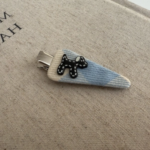 Cute Korean style dog hair clip with blue plaid pattern and resin puppy detail