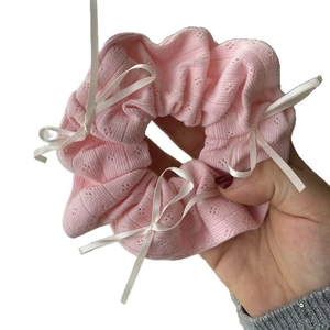 Pink knit scrunchie with satin bows and hollow texture for girls hair accessories