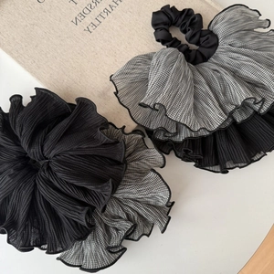 Chouchou En Maille Plissée Surdimensionné Pour Femmes Pied-De-Poule Gingham Bord À Volants Élastique Cheveux Noir Blanc Support Queue De Cheval Accessoires Cheveux Mode