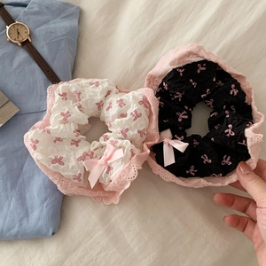Chouchou à Nœud en Dentelle Rose Douce Style Coréen Grand Anneau de Cheveux en Tissu Imprimé Nœud pour Femmes Filles