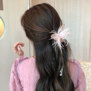 Detail of pink feather hair clip with rhinestones and tassels worn by a model
