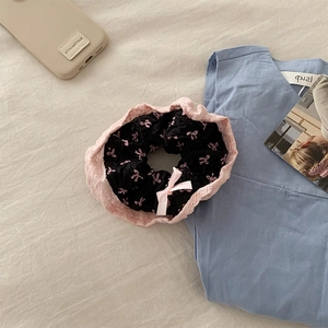 Chouchou en dentelle à nœud rose avec motif floral pour accessoire cheveux coréen