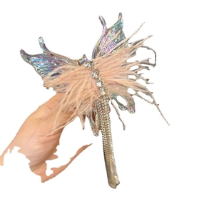 Pink feather butterfly hair clip with rhinestones and sparkling tassel fringe ornament