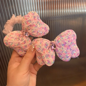 Pince à Cheveux et Élastique Nœud à Paillettes Roses pour Filles Accessoires de Cheveux de Princesse avec Fausse Pierre