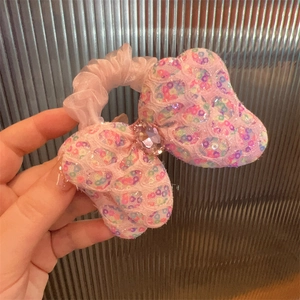 Élastique à cheveux rose avec nœud pailleté et strass pour coiffure de fille