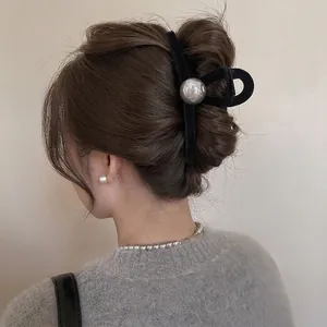 Elegant large black velvet hair claw clip with silver metal pearls for women's updos
