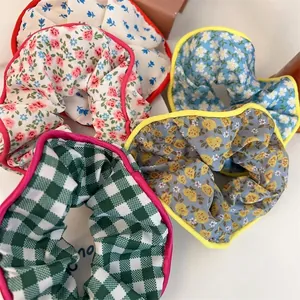 Chouchous Fleuris à Carreaux Grands Élastiques Cheveux Style Forêt Doux Bord Contrasté Accessoires Cheveux Femme