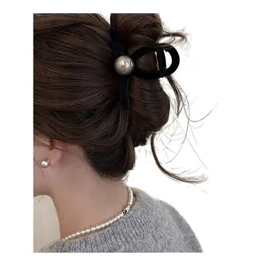 Elegant black velvet hair claw with silver bead, pearl necklace and silver studs set