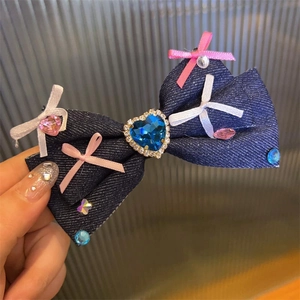 Exquisite Blue Heart Rhinestone Denim Bow Spring Hair Clip For Women Sweet Y2K Style Handmade Ribbon Butterfly Hair Accessory