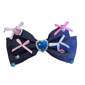 Exquisite denim bow hair clip with heart rhinestone and Y2K ribbon decorations