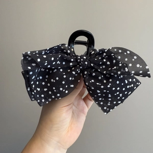 French Vintage Black Bow Hair Claw Clip For Women Polka Dot Chiffon Mesh Hairpin Elegant Large Hair Clamp Hair Accessories