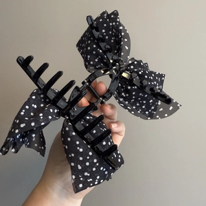 French vintage black polka dot bow hair claw clip for elegant women hairstyles