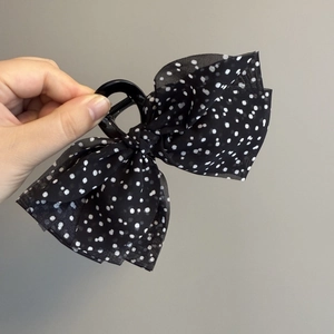 French vintage black polka dot chiffon bow hair claw clip for elegant half-up hairstyles