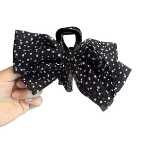 French vintage black polka dot chiffon bow hair claw clip for elegant half-up hairstyles