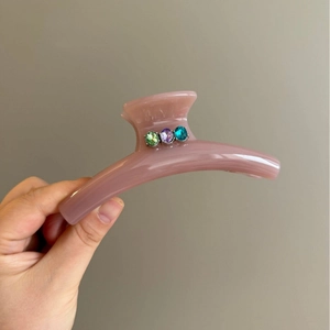 Korean Style Sweet Large Mauve Pink Plastic Hair Claw Clip With Colorful Rhinestones Handmade Hair Accessories For Women