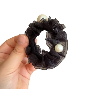 Chouchou élégant en organza noir avec deux grandes perles, accessoire de style coréen