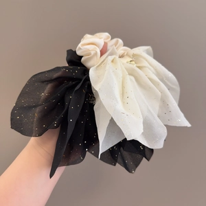Chou-Chou Élégant À Nœud En Tissu Avec Paillettes Dorées Et Étiquette Métallique Pour Accessoires Cheveux Femme