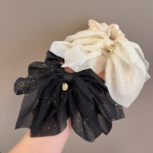 Chouchous noeud en mousseline élégants avec paillettes dorées et pendentif en noir et beige