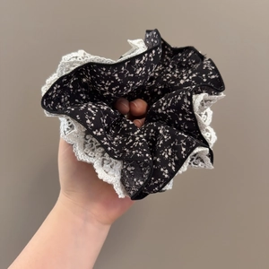 Chouchou en Tissu à Imprimé Floral Douce Vintage Bordure en Dentelle Plissée Élastique Cheveux Accessoires Décoratifs Femme