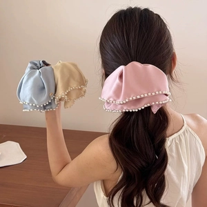 Elegant French Retro Satin Butterfly Bow Hair Claw Clip With Artificial Pearl Border Large Satin Hair Shark Clip Accessory For Women