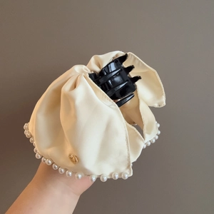 French vintage cream satin hair claw clip with pearls and gold button detail