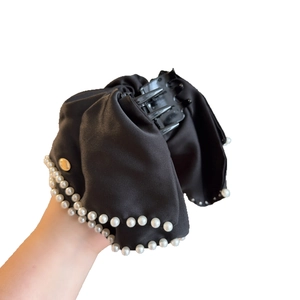 Elegant large black satin hair claw clip with faux pearl trim and golden button accent
