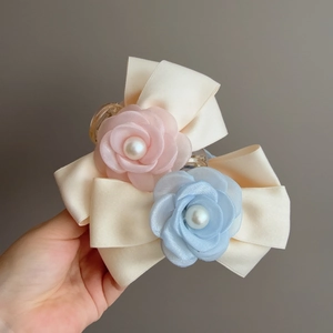 Pince à Cheveux Élégante Nœud pour Femmes Style Coréen Ruban Satin Fleur Rose Fausse Künstliche Perle Grande Accessoire Cheveux
