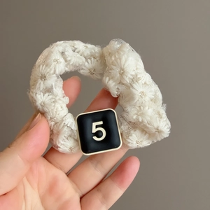 Elegant White Lace Floral Scrunchie With Number Black Tag Handmade Large Hair Tie For Women Fashion Hair Accessories
