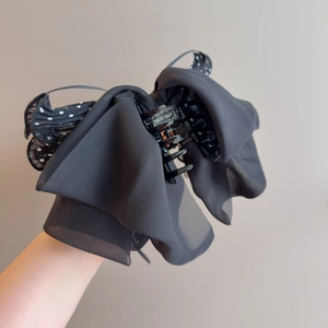 Eleganter großer schwarzer Chiffon Schleifen Haarklammer mit handgefertigtem Golddruck