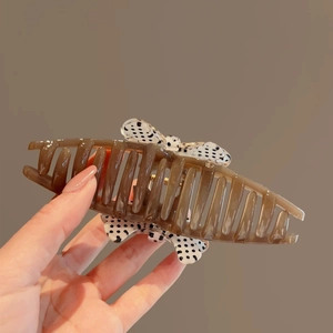 French style polka dot bow hair claw clip in amber brown for elegant hair styling