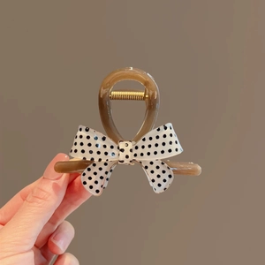 French vintage polka dot bow hair claw clip in translucent brown resin finish