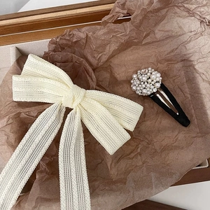 Korean Style Lace Ribbon Bow Hair Clip Elegant Faux Artificial Pearl Rhinestone Duckbill Clip Sweet Streamer Headwear For Women