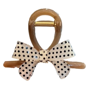 French retro brown hair claw clip with black and white polka dot bow decoration