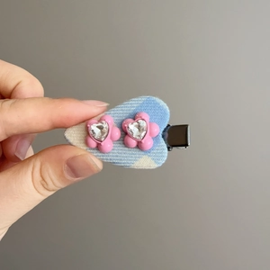 Sweet blue and white plaid heart hair clip with pink flowers and rhinestone heart detail