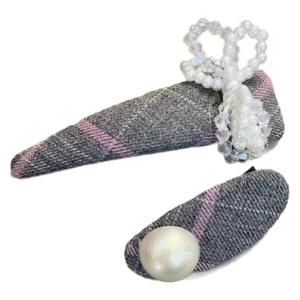 Lot de barrettes à cheveux à carreaux rose et gris avec perles et nœud élégant