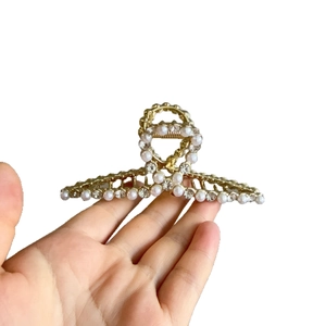 Pince à cheveux élégante en alliage doré avec perles blanches et strass brillants