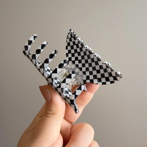 Retro black and white checkered butterfly hair claw clip for elegant styling