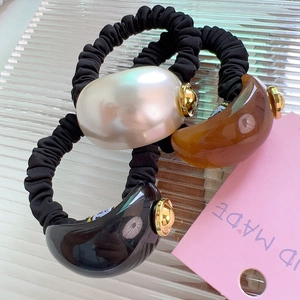 French vintage elastic hair tie set with pearl and amber resin moon-shaped charms