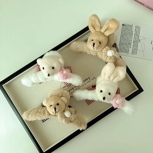 Pince à Cheveux Mignonne en Peluche Ours Lapin pour Femmes Automne Hiver Douce Fausse Fourrure Nœud à Carreaux Accessoires Cheveux