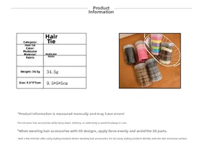 Detailed fabric hair ties in clear packaging with weight and dimensions specs
