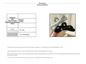 Detailed size chart for grey and black knitted bow hair claws with weight and dimensions