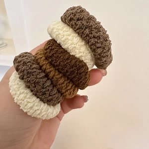 Set of 6 thick textured plush hair scrunchies in neutral earth tones for ponytail