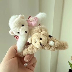 Pinces à cheveux en peluche ours avec nœuds à carreaux et fleurs tricotées pour femme